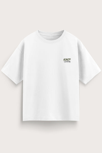 White t-shirt with a small logo on a light gray background