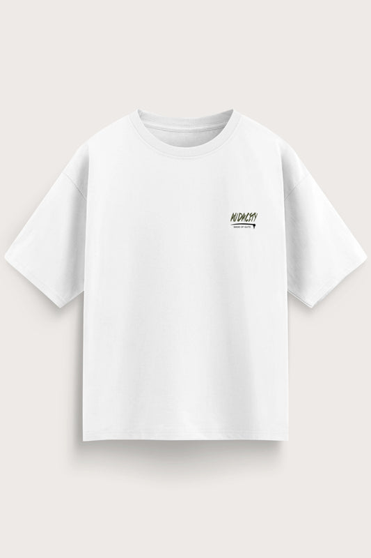 White t-shirt with a small logo on a light gray background