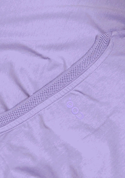 Close-up of Stylera men's regular fit lavender tee showing textured neckline and fabric detail