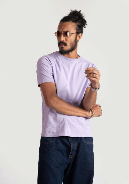Stylera men's regular fit lavender tee worn by a man with dark hair and sunglasses