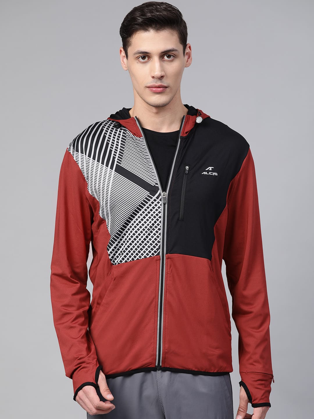Alcis Men Rust Red  Black Printed Hooded Training Jacket