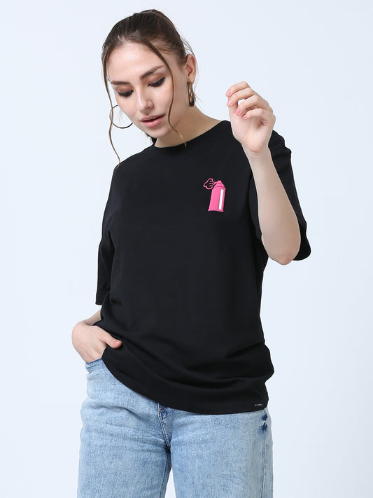 Women's Black Graphic Knitted Boxy T-Shirt