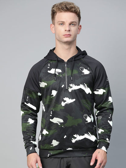 Alcis Men Olive Green  Black Camouflage Print Hooded Sweatshirt