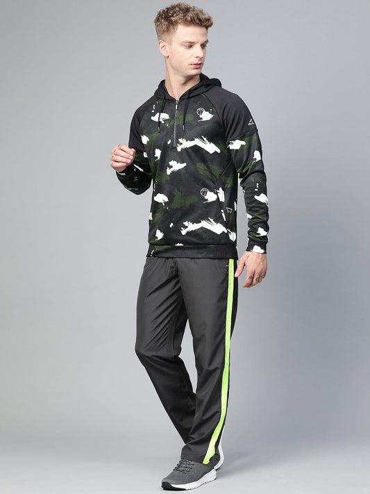 Alcis Men Olive Green  Black Camouflage Print Hooded Sweatshirt