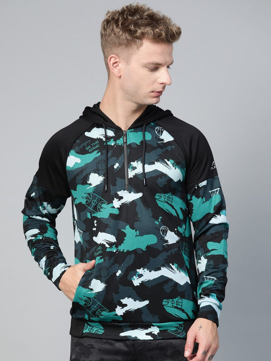 Alcis Men Navy Blue  Black Camouflage Printed Hooded Sweatshirt