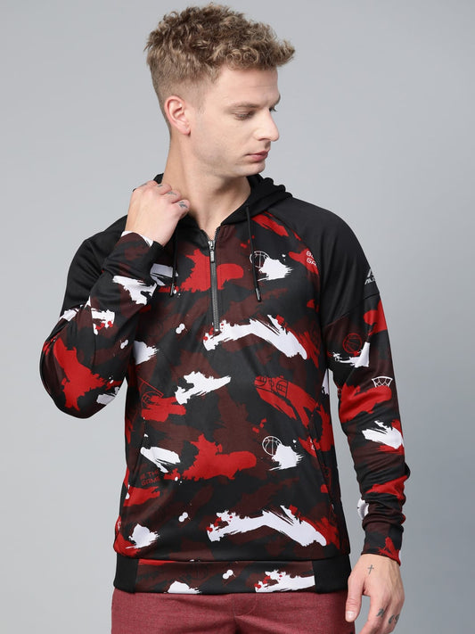 Alcis Men Black  Red Printed Hooded Sweatshirt