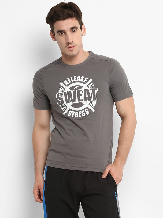 Alcis Men Taupe Printed Round Neck Training T-shirt