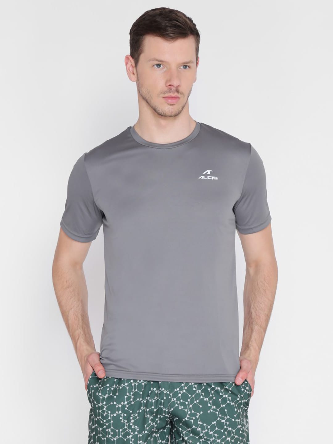Alcis Men Charcoal Grey Solid Slim Fit Round Neck Wonder T-shirt