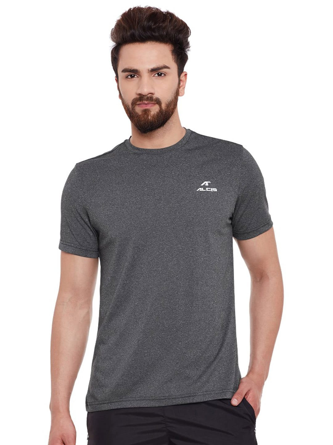 Alcis Men Grey Self-Design Round Neck T-shirt