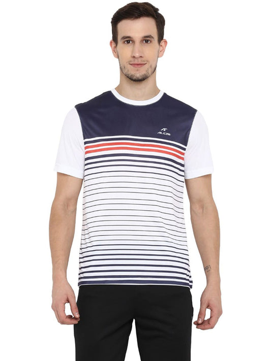 Alcis Men White  Blue Striped Round Neck T-shirt
