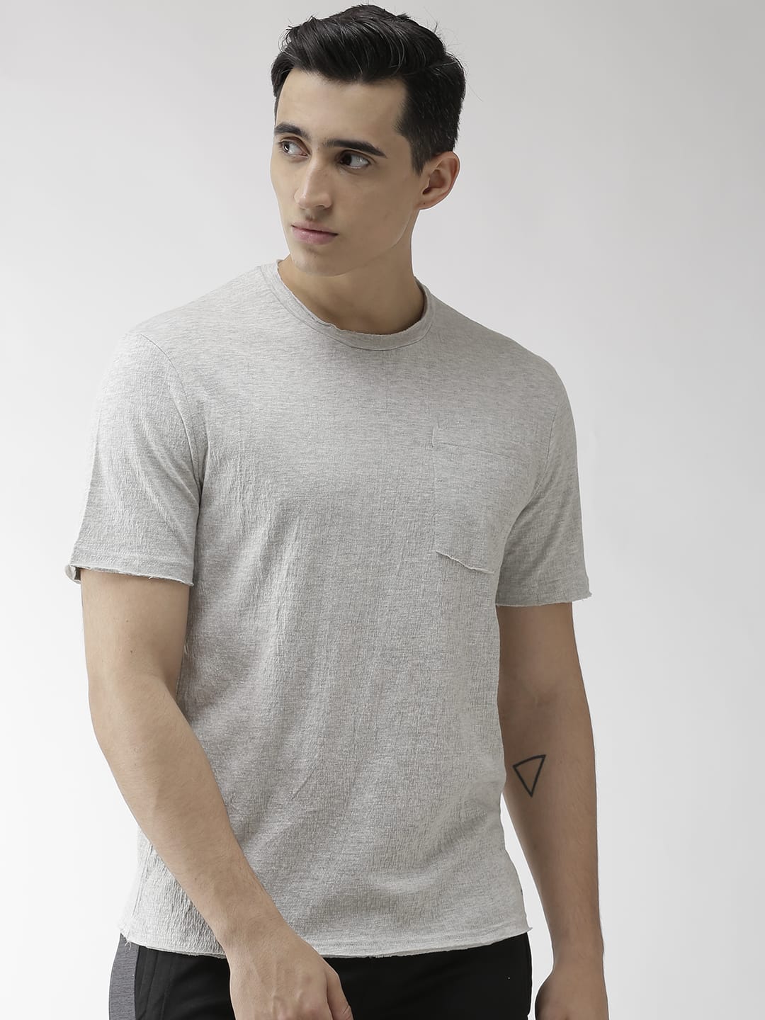 Alcis Men Grey Melange Solid Round Neck Yoga T-shirt