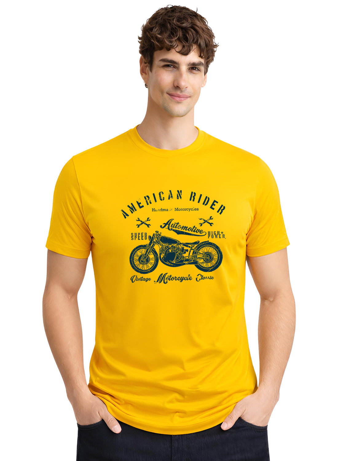 Adro Mens American Rider Printed T-Shirt | 100% Cotton T shirt for Bikers | Stylish Casual Tee Summer Regular Fit Biker Tshirt Mustard