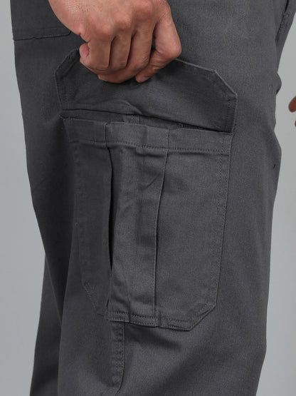 Men's Grey Baggy Fit Solid Cotton Cargo Trousers