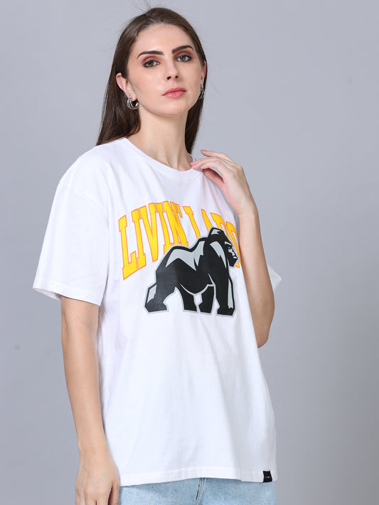 Women's White Graphic Knitted Oversized T-Shirt