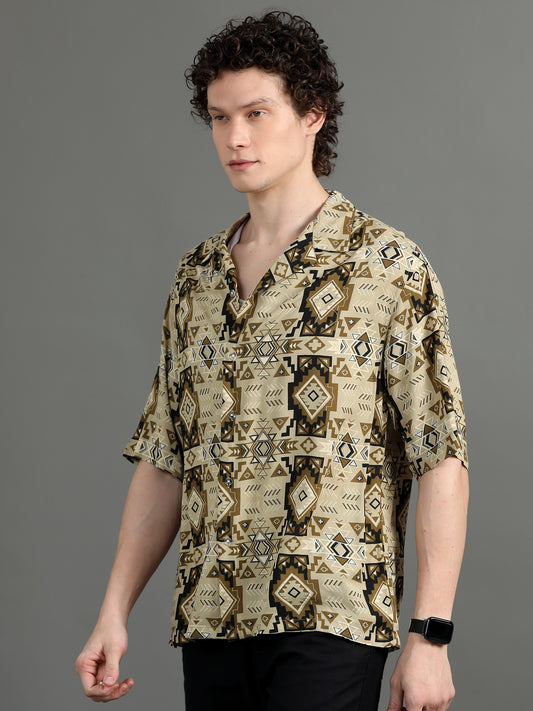 Men's Beige Abstract Relaxed Fit Shirt