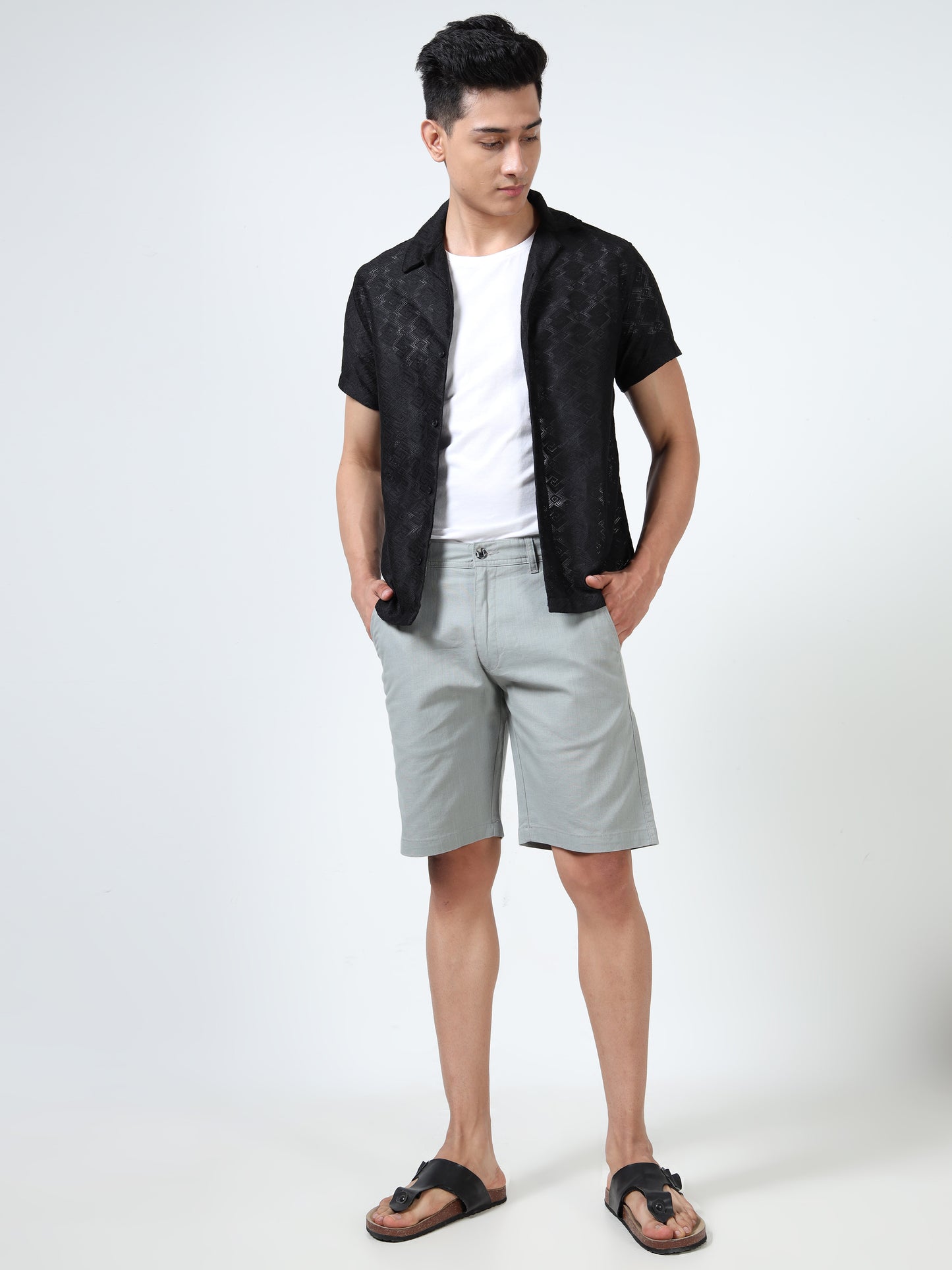 Men's Grey Regular Fit Solid Linen Shorts