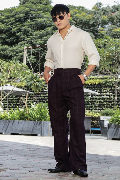 Wine Premium Tweed Blend  Gurkha Trousers with Double Pleated Front