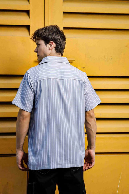 Textured Grey Stripe Korean Notched Lapel Collar Resort Shirt