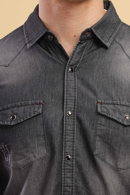 Kuons Avenue Men’s Cloud Black Distressed Denim Casual Shirt