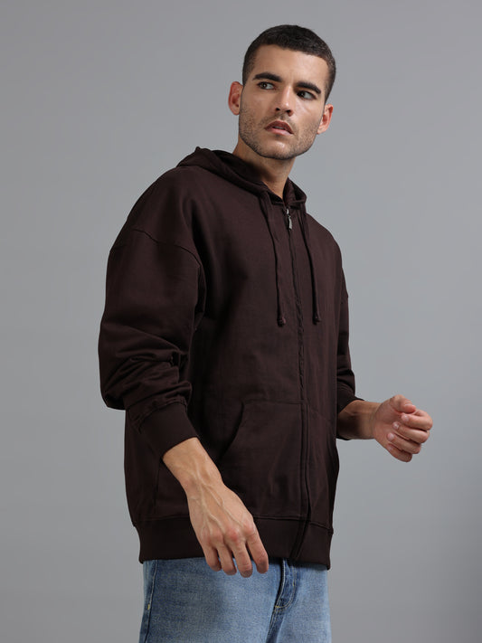 Men's Brown Graphic Print Oversized Hooded Sweatshirt