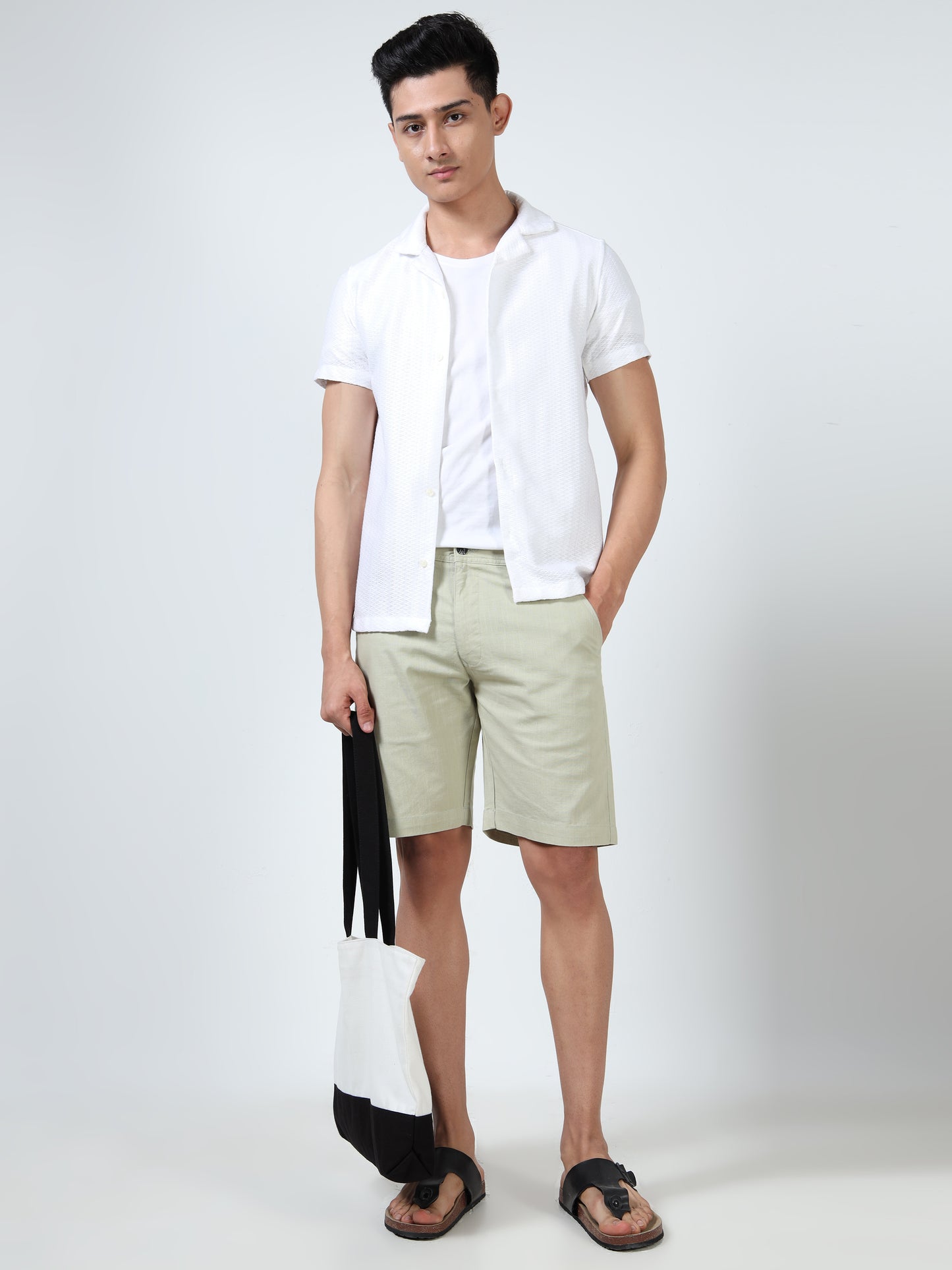 Men's Olive Regular Fit Solid Linen Shorts
