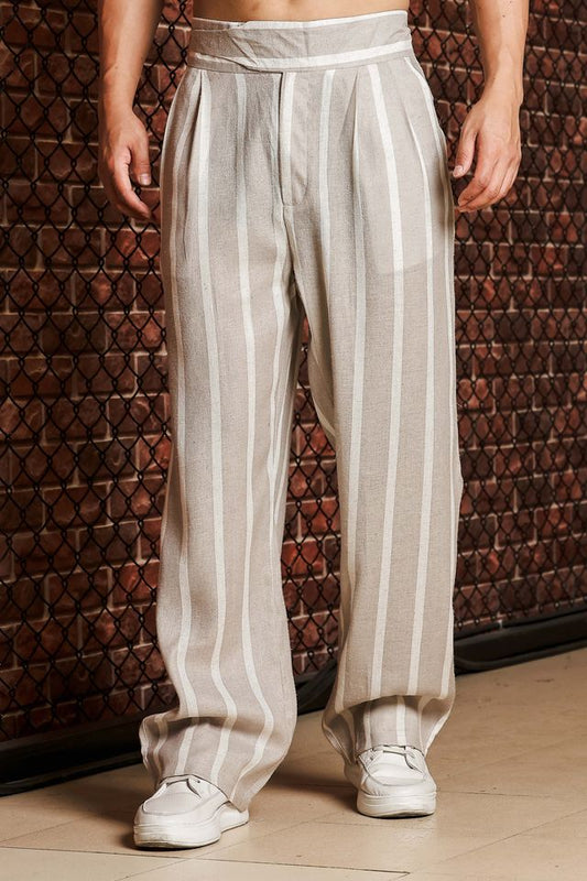 Beige & White Striped Linen Blend Gurkha Trousers