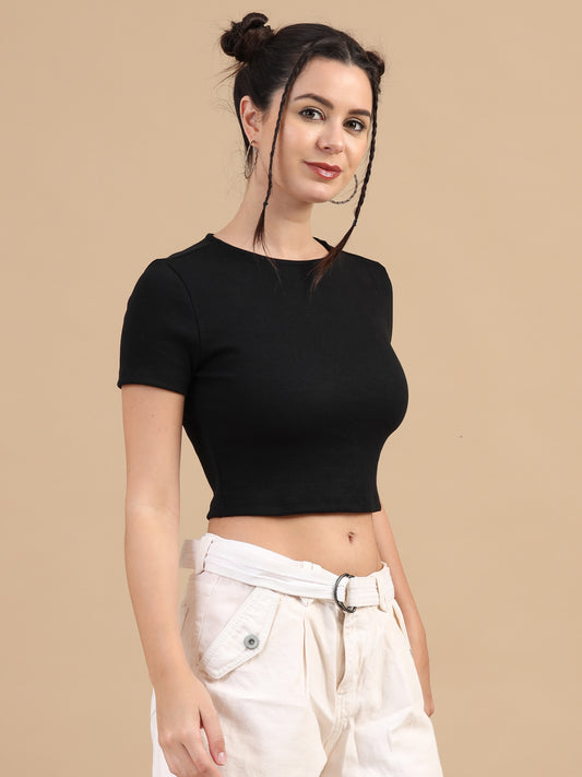 Women's Black  Knitted Crop Top