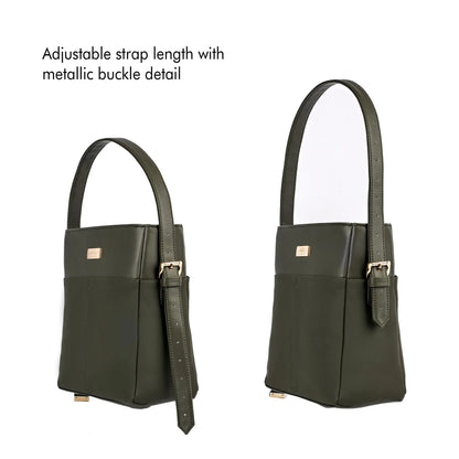 Olive green bucket bag with adjustable strap length and metallic buckle detail