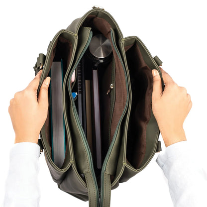 Olive green tote bag with spacious interior holding books and a laptop for daily use