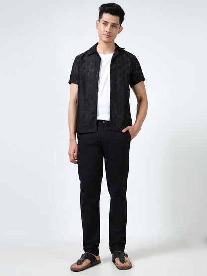 Men's Black Regular Fit Solid Linen Trousers