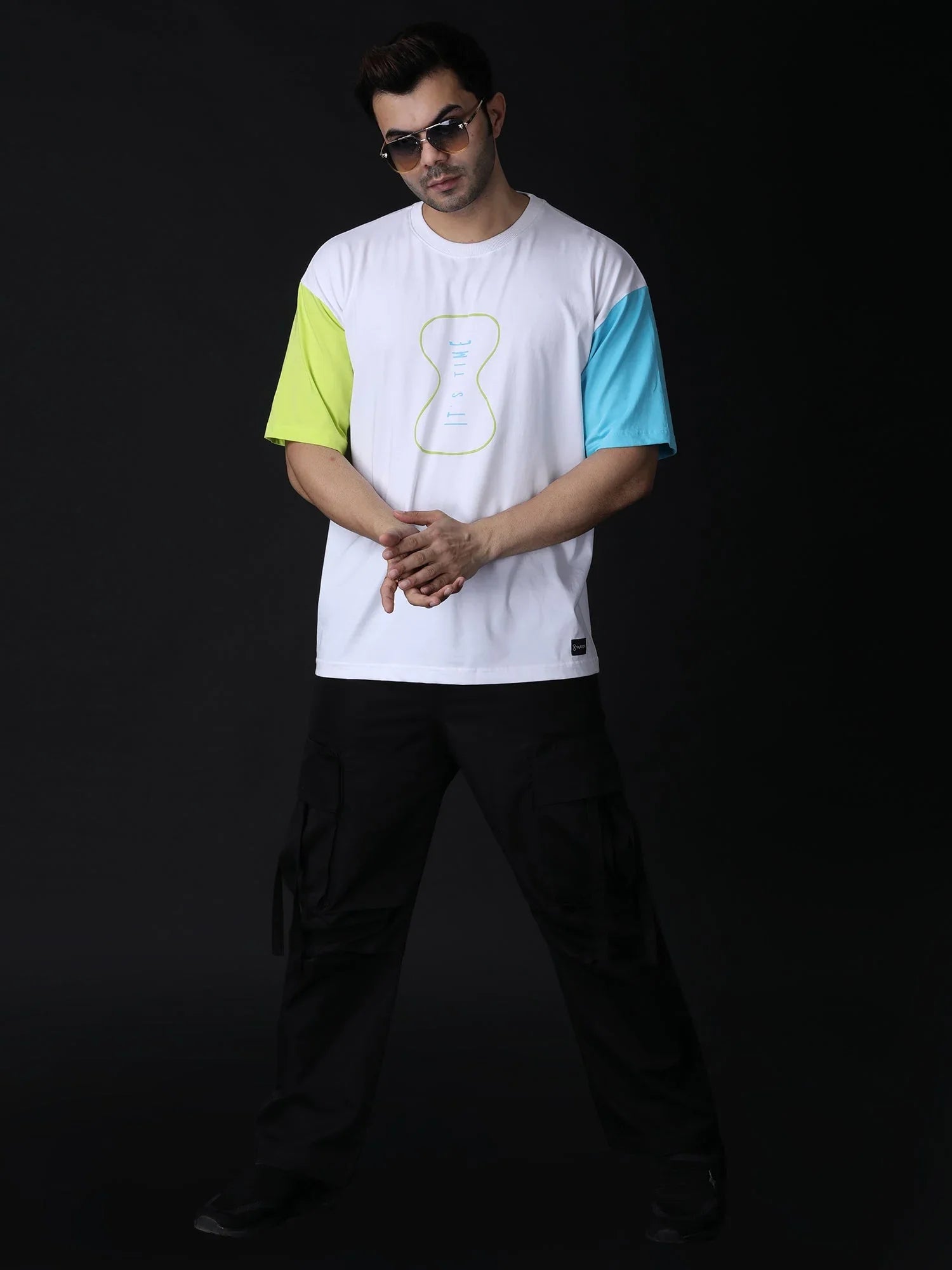 Stylstpls oversized casual tee with unique sleeves in white, featuring colorful short sleeves and a stylish graphic design