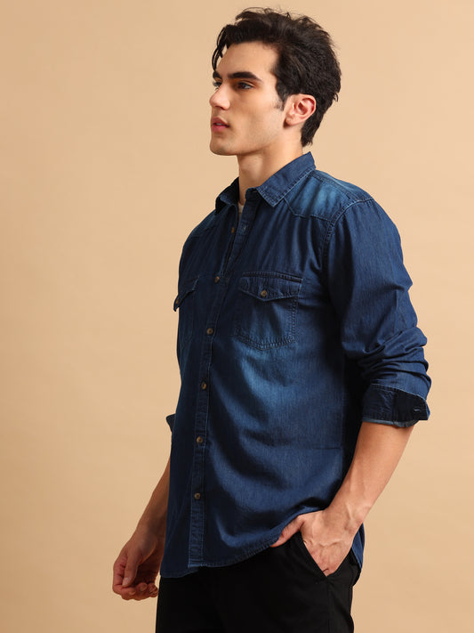 Men's Blue Solid Regular Fit Shirt