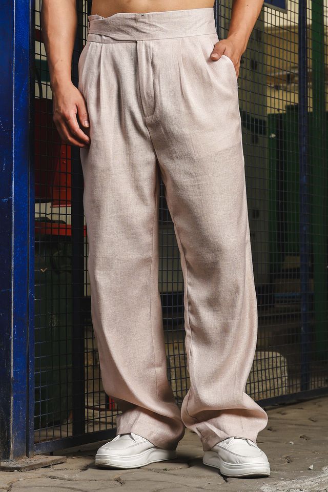 Powder Pink Solid Linen Blend Gurkha Trousers with Double Pleated Front