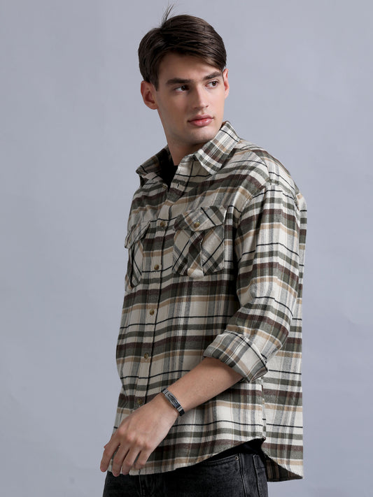 Men's Beige Checked Relaxed Fit Shirt