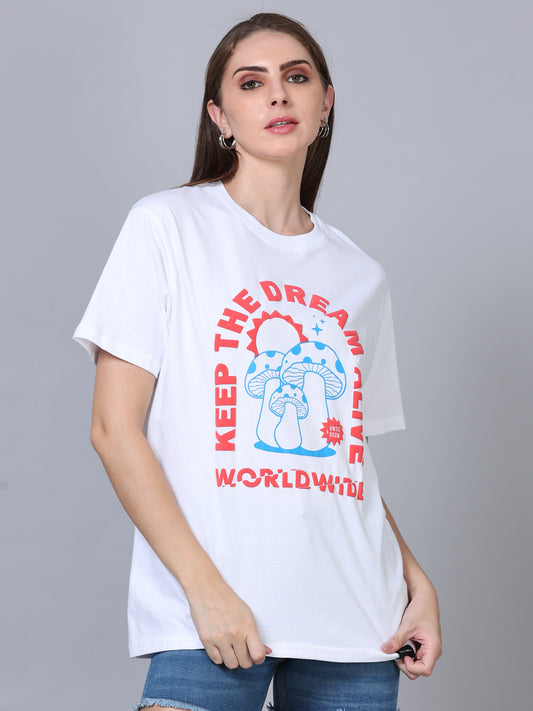Women's White Graphic Knitted Relaxed Fit T-Shirt