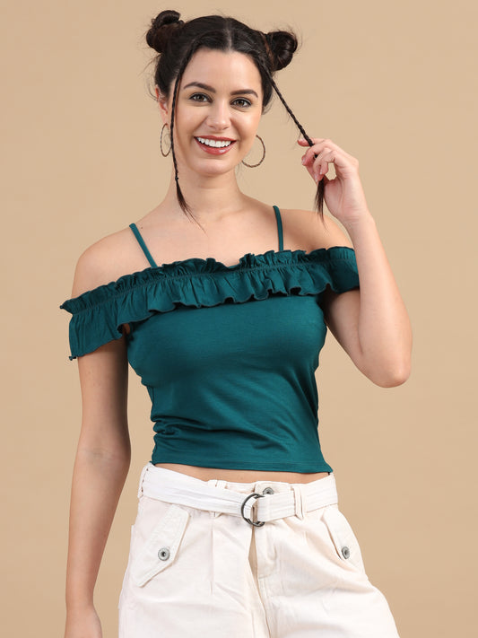 Women's Teal  Knitted Sleeveless Crop Top