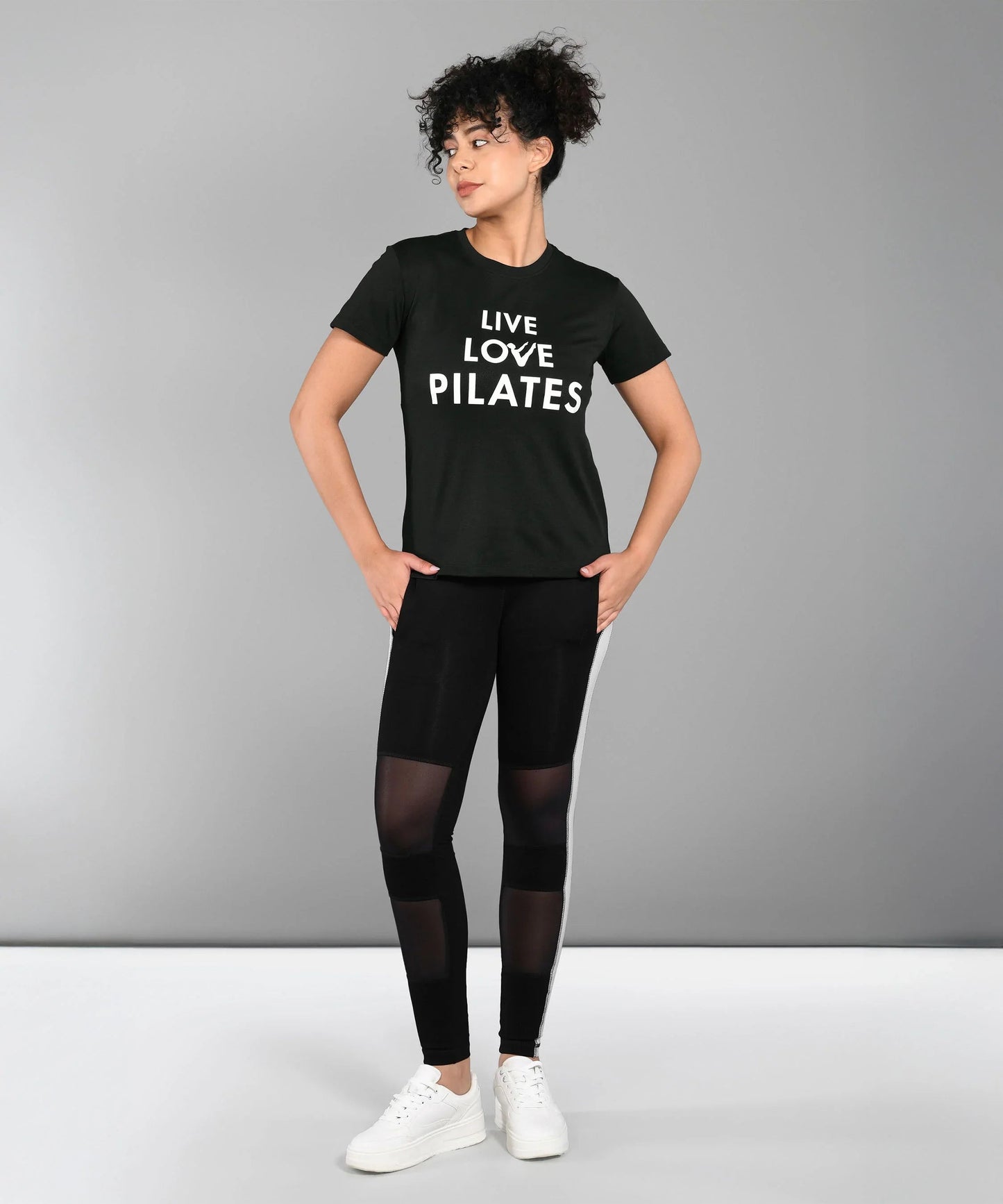 Black Pilates T Shirt for Women with Live Love Pilates Print, perfect for workouts and yoga.