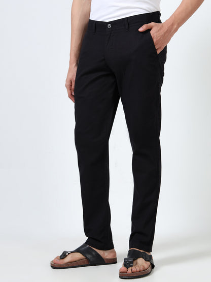 Men's Black Regular Fit Solid Linen Trousers