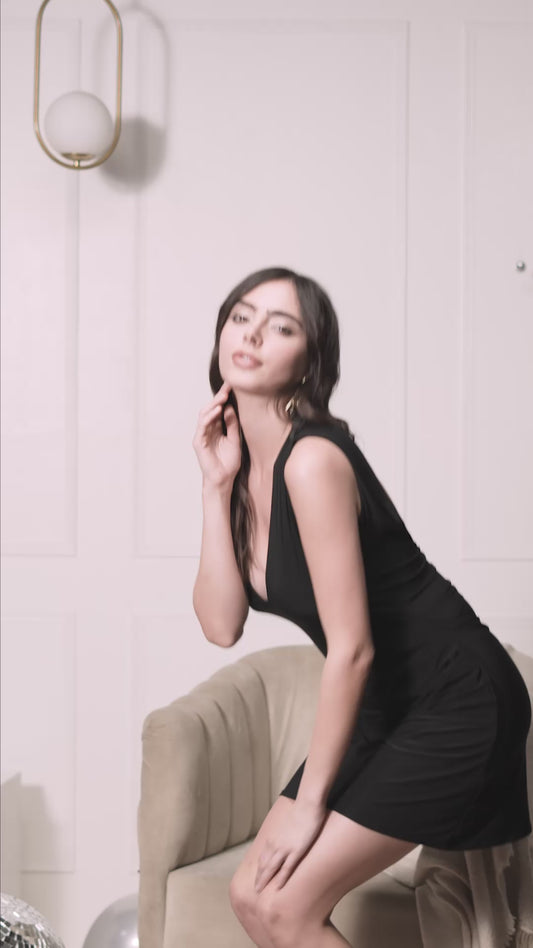 Backless Plunge Neck Black Mini Dress