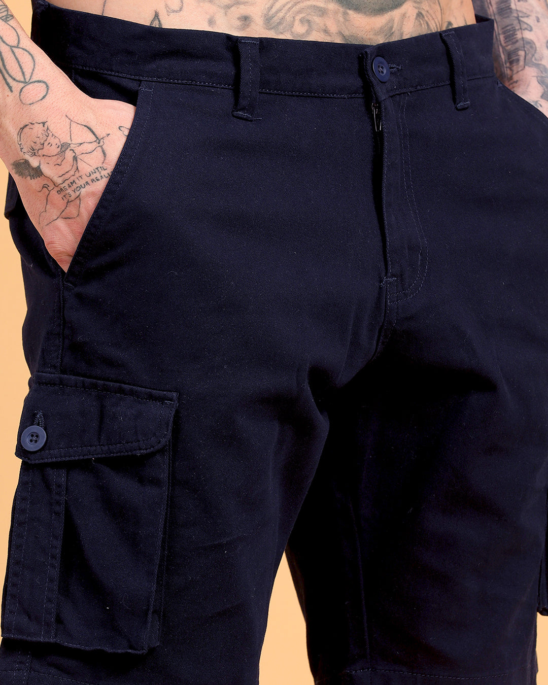 Men's Navy Blue Regular Fit Solid Cargo Shorts