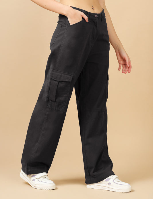 Women's Grey Loose Fit Solid Cotton Cargo Trousers