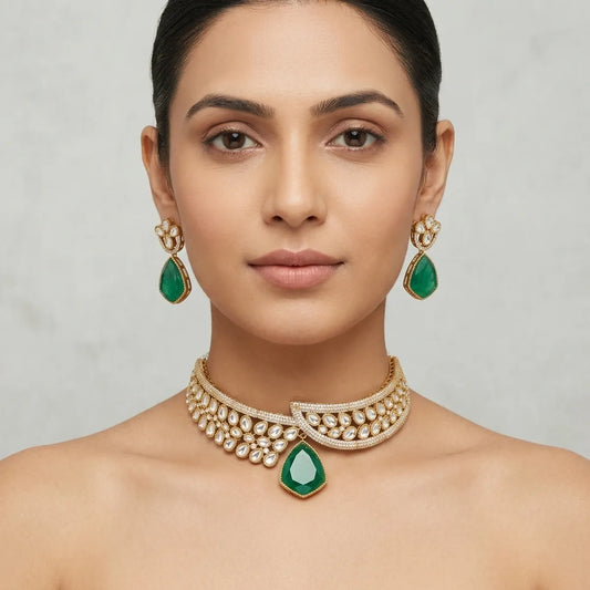 Gold And Green Kundan Stone Choker Necklace Set For Women