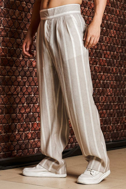 Beige & White Striped Linen Blend Gurkha Trousers