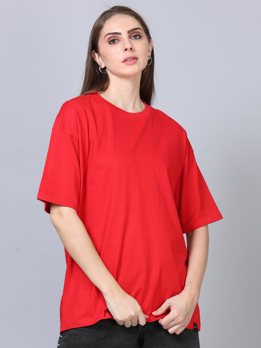 Women's Red Solid Knitted Oversized T-Shirt