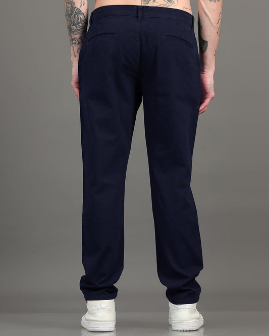 Men's Navy Blue Regular Fit Solid Cotton Chinos Trousers