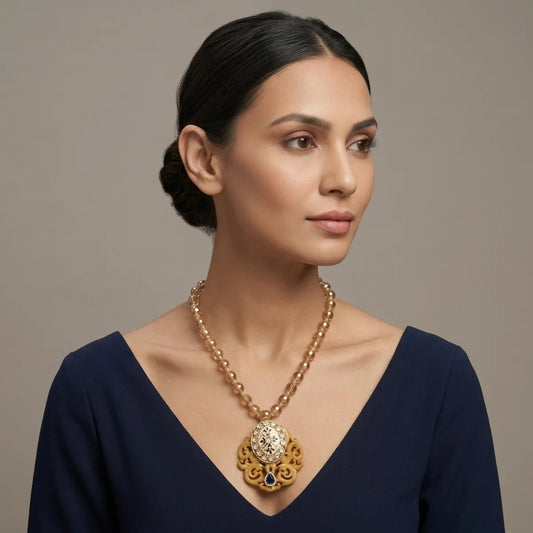 Gold Beaded Chain Carved Ethnic Pendant Necklace For Women