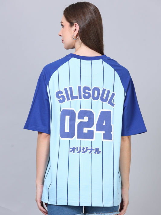 Women's Blue Graphic Knitted Oversized T-Shirt