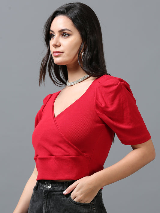Women's Red Solid Knitted Crop Top