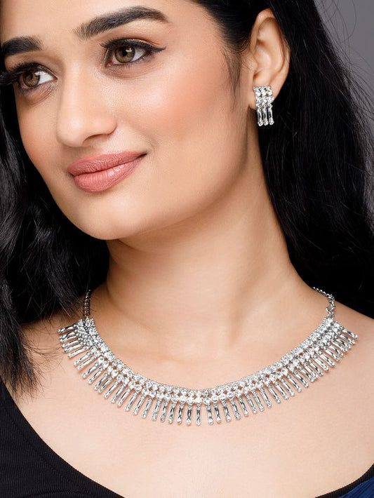 Rhodium-Plated White Cubic Zirconia Necklace & Earrings Set