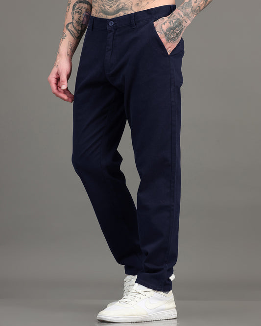 Men's Navy Blue Regular Fit Solid Cotton Chinos Trousers